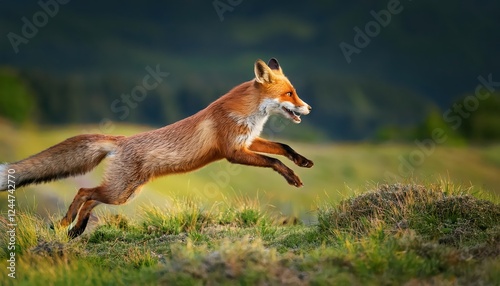 Vigorous Red Fox Leaping Across European Wilderness A Glimpse of Vulpes vulpes Amidst a Wintery Landscape at Dusk