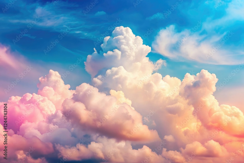 Soft pink and cream-colored clouds against a bright blue sky, serene atmosphere, gentle colors, fluffy clouds Soft pink and cream-colored clouds against a bright blue sky, serene atmosphere, gentle colors, fluffy clouds
