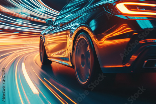 Lights of cars in motion, creating light trails, lines from car headlights