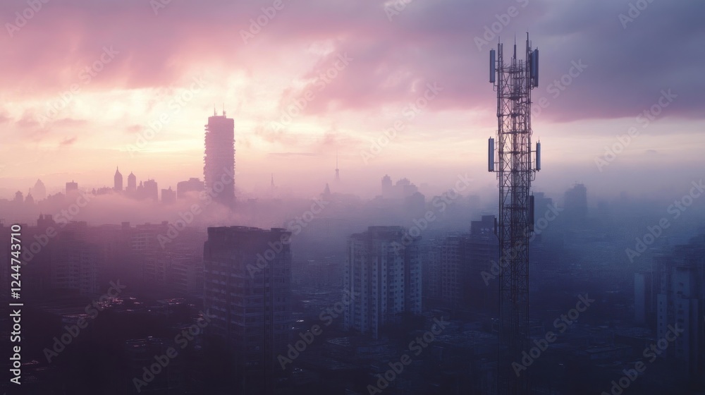 Fototapeta premium Telecommunication towers tower over an urban environment at dusk