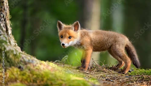 Enchanting Moment Playful Red Fox Cub Frolicking in a Forest at Twilight, Captured on a Winter Evening.