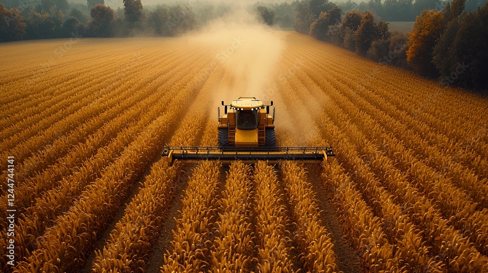 Fototapeta premium Harvest Combine harvesting wheat field, autumn. Agricultural background, food production