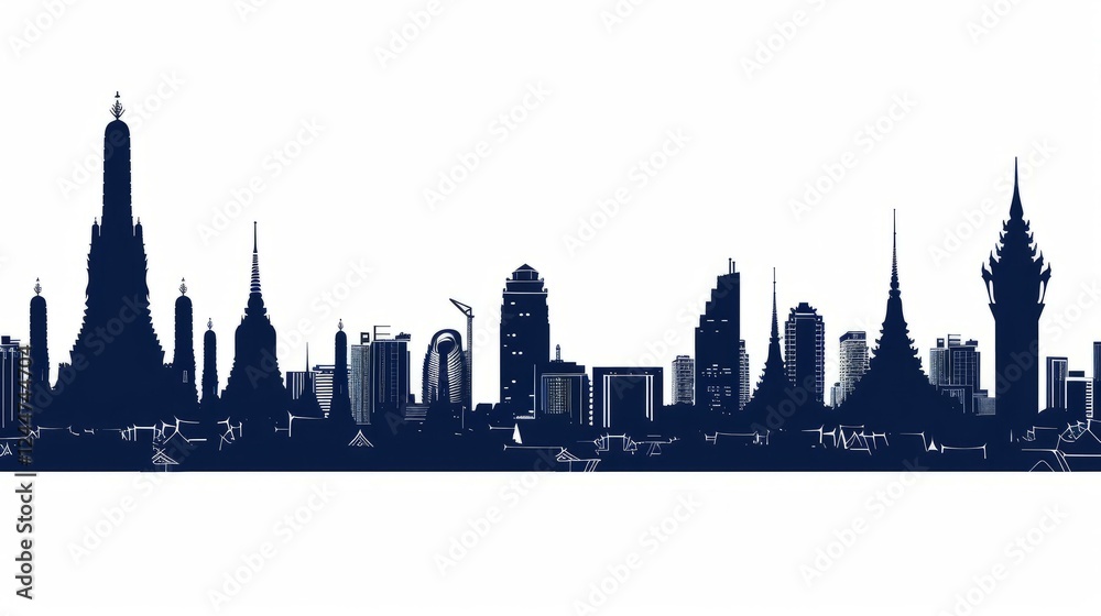 Obraz premium Bangkok skyline silhouette with temples and modern buildings against white background for travel and tourism concepts