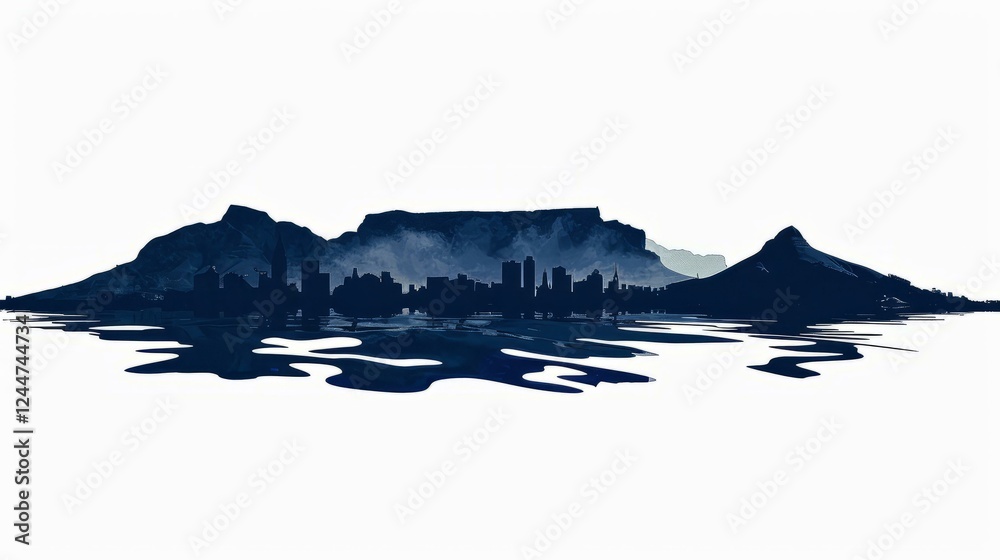 Obraz premium Cape Town skyline silhouette with Table Mountain reflection in serene waters, minimalist illustration style