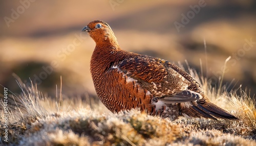 Vivid Red Grouse Amidst Scottish Highlands A Stark Winter Contrast in the Misty Moorland photo