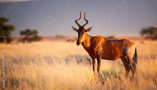 Striking Red Hartebeest against African Savannah Sunset in Botswana, capturing the Majesty of Alcelaphus buselaphus caama at Dusk. photo