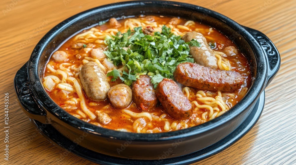 Korean Budae Jjigae: Spicy Army Stew with Sausage and Toppings Korean Budae Jjigae: Spicy Army Stew with Sausage and Toppings