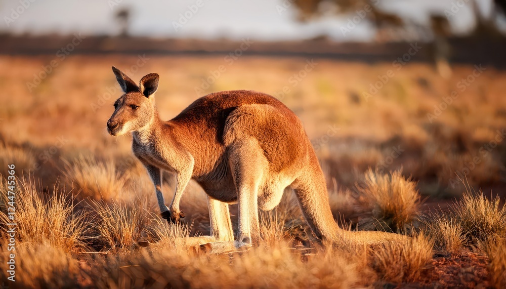 Majestic Red Kangaroo Leaping through the Golden Aussie Outback at Dusk, Showcasing Powerful Legs, a Long Tail, and Distinctive Fur Against a Stark Backdrop. Majestic Red Kangaroo Leaping through the Golden Aussie Outback at Dusk, Showcasing Powerful Legs, a Long Tail, and Distinctive Fur Against a Stark Backdrop.