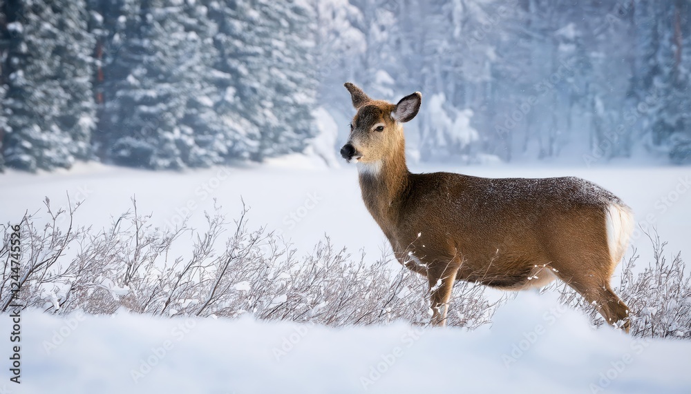 Striking Red or Spotted Deer in Deep Midwinter Frosty Majesty Amidst Canadas Snowy North Quebec Wilderness, Captured on Striking Red or Spotted Deer in Deep Midwinter Frosty Majesty Amidst Canadas Snowy North Quebec Wilderness, Captured on