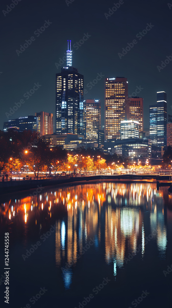 Naklejka premium Vibrant Nighttime Cityscape with Reflective Skyscraper Lights