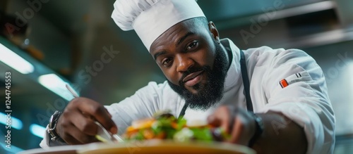 Fototapeta Naklejka Na Ścianę i Meble -  Confident African Chef Plating Salad in Restaurant Kitchen, fine dining touch