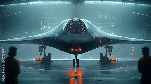 Mysterious military hangar hiding a cutting edge high speed stealthy hypersonic aircraft prototype  Advanced aerospace engineering and innovative defense technology in a top secret facility