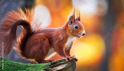 Vibrant Red Squirrel Amidst Winter Forest Agile and Playful Mammal Basking in a Snowy Landscape, Embracing the Serene Winter Tranquility. photo