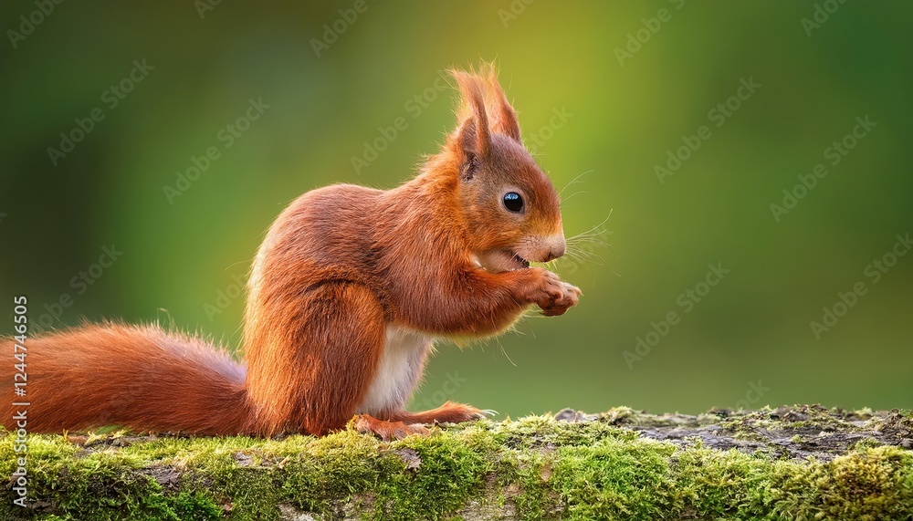 Playful Red Squirrel Nibbling Delicately on Seeds Against a Lush, Vibrant Green Backdrop, Showcasing the Forests Abundance and Wildlife in Harmony Playful Red Squirrel Nibbling Delicately on Seeds Against a Lush, Vibrant Green Backdrop, Showcasing the Forests Abundance and Wildlife in Harmony