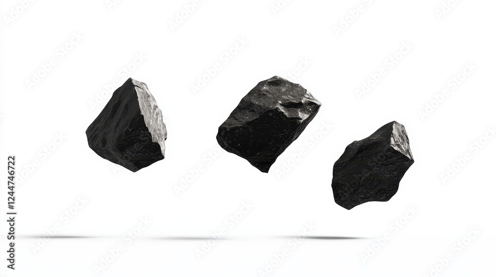 Naklejka premium Falling rocks on a white background. Black charcoal or coal on a white background. Illustration perfect for cover, card, postcard, interior design, decor, or print