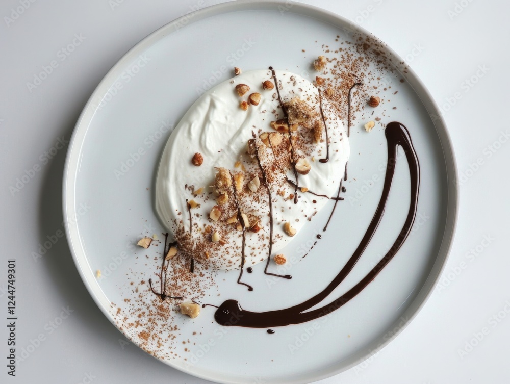 Fototapeta premium Elegant Greek yogurt dessert. Chocolate drizzle artfully accents creamy yogurt topped with crushed hazelnuts and cocoa. A sophisticated treat.