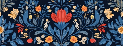 Vibrant Floral Textile Design Blue and Red Flower Pattern Seamless Repeat Botanical Illustration