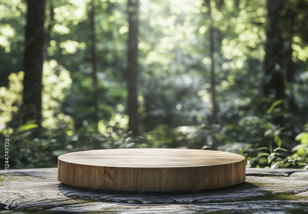 Wooden Platform in Lush Forest: A rustic wooden platform rests on a stone in a serene forest, bathed in the soft glow of sunlight filtering through the verdant canopy. Wooden Platform in Lush Forest: A rustic wooden platform rests on a stone in a serene forest, bathed in the soft glow of sunlight filtering through the verdant canopy.