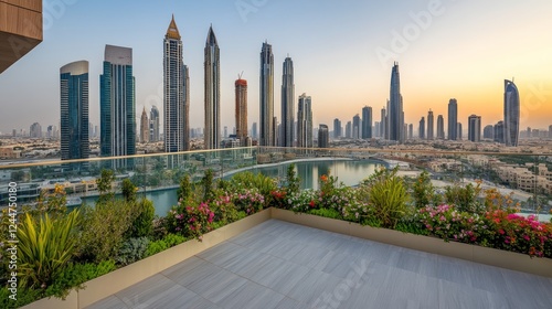 Stunning View of Dubai Skyline at Sunset from Rooftop Garden photo