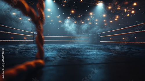 Empty boxing ring, spotlights, smoke, victory. Sports background photo