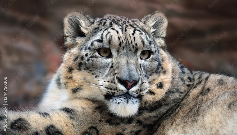 Majestic Snow Leopard in Repose Graceful Felid Basking in the Fading Light of a Mountainous Himalayan Sunset, Displaying Striking Coat Pattern and Powerful Presence. Majestic Snow Leopard in Repose Graceful Felid Basking in the Fading Light of a Mountainous Himalayan Sunset, Displaying Striking Coat Pattern and Powerful Presence.