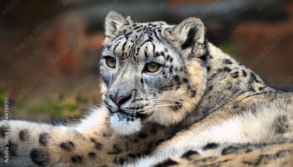 Striking Portrait of a Resting Snow Leopard in Winters Himalayan Majesty, Captured against a Backdrop of Drifting Snow and Icy Spires Striking Portrait of a Resting Snow Leopard in Winters Himalayan Majesty, Captured against a Backdrop of Drifting Snow and Icy Spires