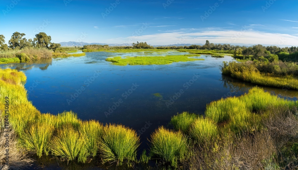 Vibrant Sunlit Wetlands Thrive in Restored Sacramento National Wildlife Refuge, Showcasing Californias Stunning Biodiversity and Picturesque Scenery. Vibrant Sunlit Wetlands Thrive in Restored Sacramento National Wildlife Refuge, Showcasing Californias Stunning Biodiversity and Picturesque Scenery.