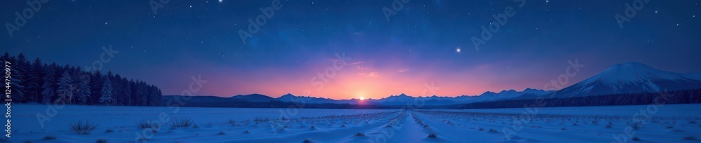Silent night, starlit sky above a snow-dusted field, dark, quiet, design