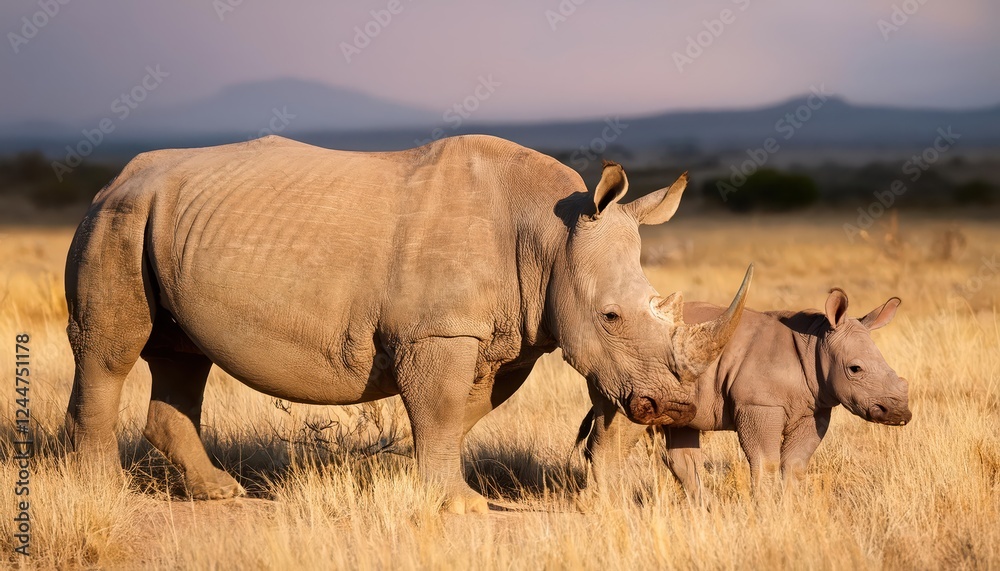 Wild and Wondrous Majestic Rhino and Calf Grazing Peacefully in the Serengeti Plains Underneath a Clear African Sky at Sunrise Wild and Wondrous Majestic Rhino and Calf Grazing Peacefully in the Serengeti Plains Underneath a Clear African Sky at Sunrise