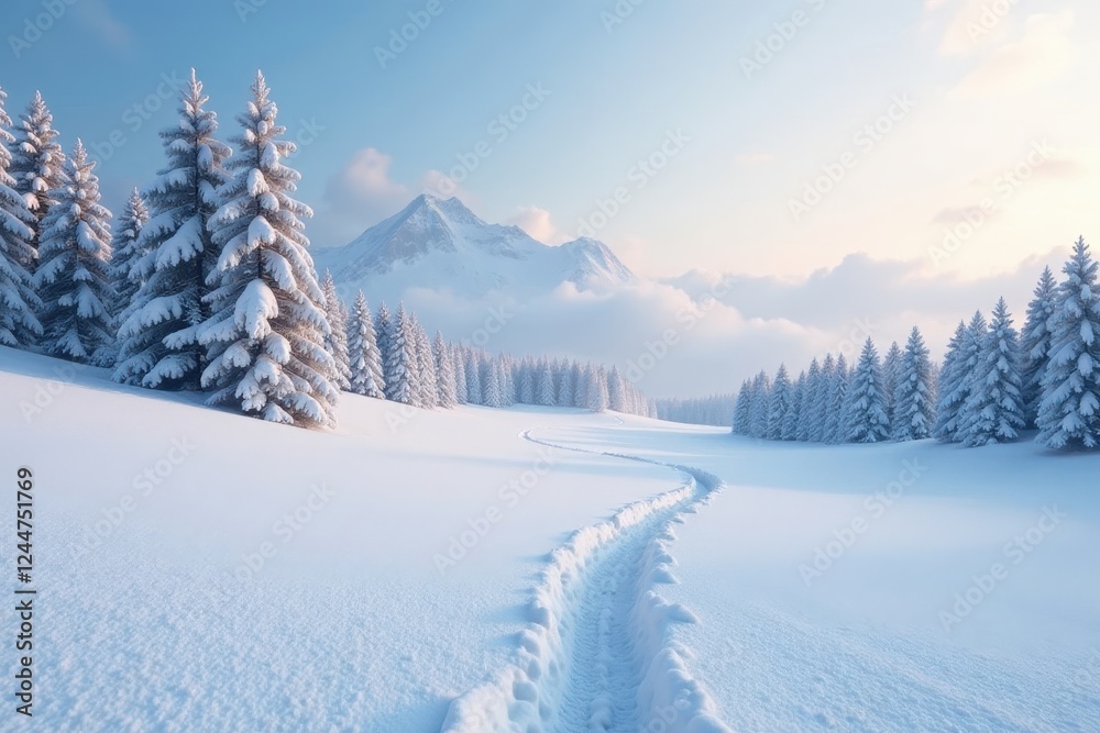 Soft snowfall blankets pristine, snow-covered fields , sky, majestic, vast Soft snowfall blankets pristine, snow-covered fields , sky, majestic, vast
