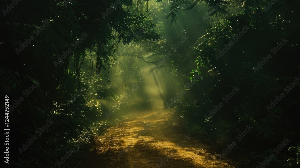 Fototapeta premium A dirt road disappears into a shadowy forest. Sunlight struggles through dense leaves creating a mysterious, somber atmosphere. The path is dimly lit, inviting exploration into the unknown.