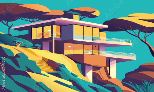Vector graphics. A multicolored landscape with a modern cottage on a cliff against the sky
