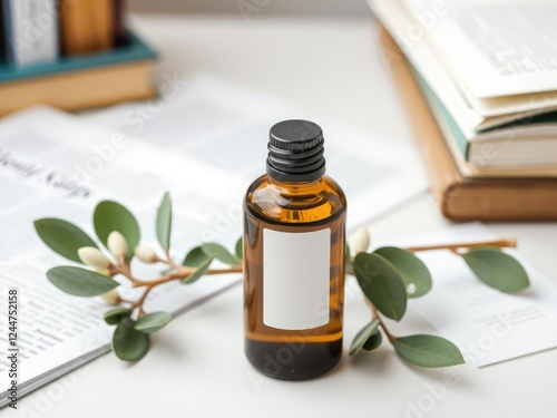 Single eucalyptus oil bottle on a desk with papers and books, natural ingredients, focus enhancer