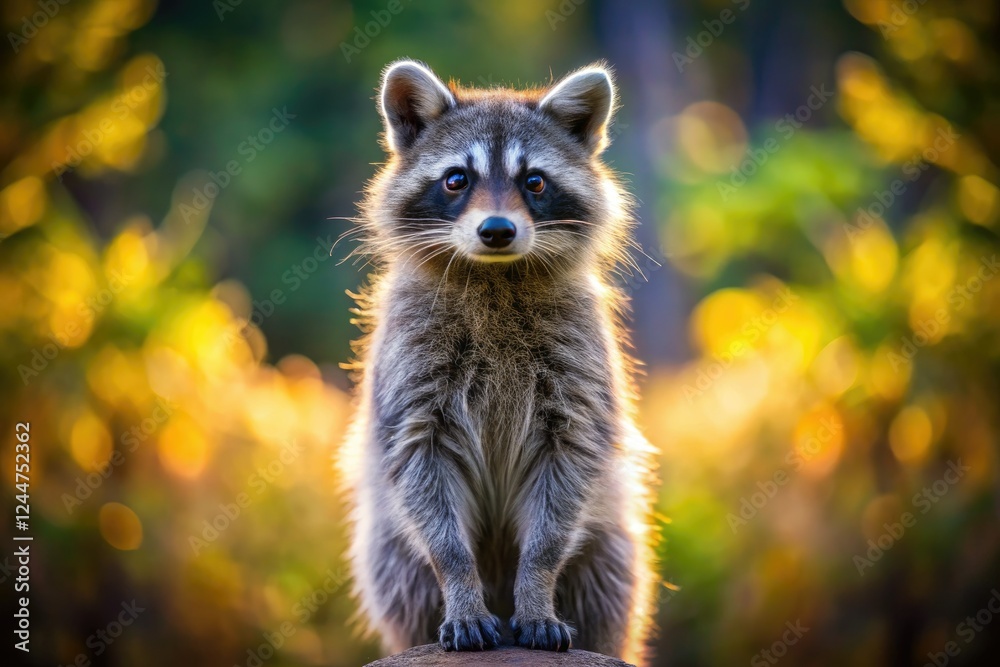 A charming raccoon, isolated, stands poised mid-air; captivating wildlife photography. A charming raccoon, isolated, stands poised mid-air; captivating wildlife photography.