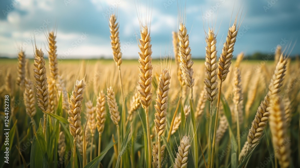 Golden Wheat Field: A close-up view of golden wheat stalks swaying gently in the summer breeze. The rich, warm hues of the ripe grain contrast against the vibrant blue sky. Golden Wheat Field: A close-up view of golden wheat stalks swaying gently in the summer breeze. The rich, warm hues of the ripe grain contrast against the vibrant blue sky.