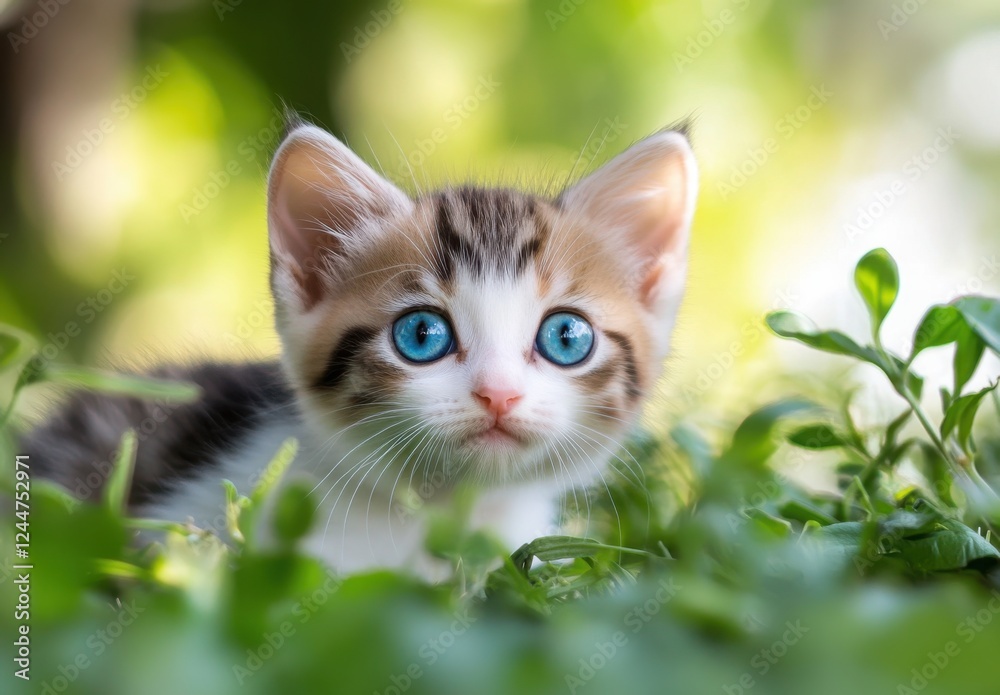 Fototapeta premium Kitten Curiosity: A sweet and innocent kitten with striking blue eyes peeks out from a lush green patch, captivating with its playful charm and irresistible cuteness.