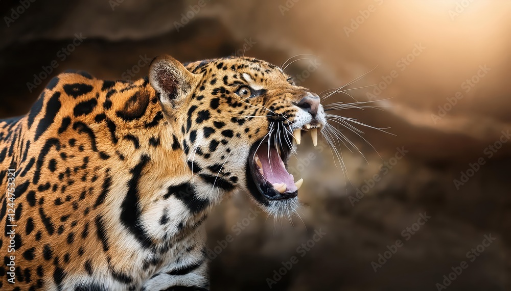 Naklejka premium Powerful Roar of Three Majestic Felines Tiger, Leopard, and Jaguar in Striking Hunt Scene, Captured in Wildlife Photography, Perfect for Digital Art, Home Decor, or Design Inspiration.