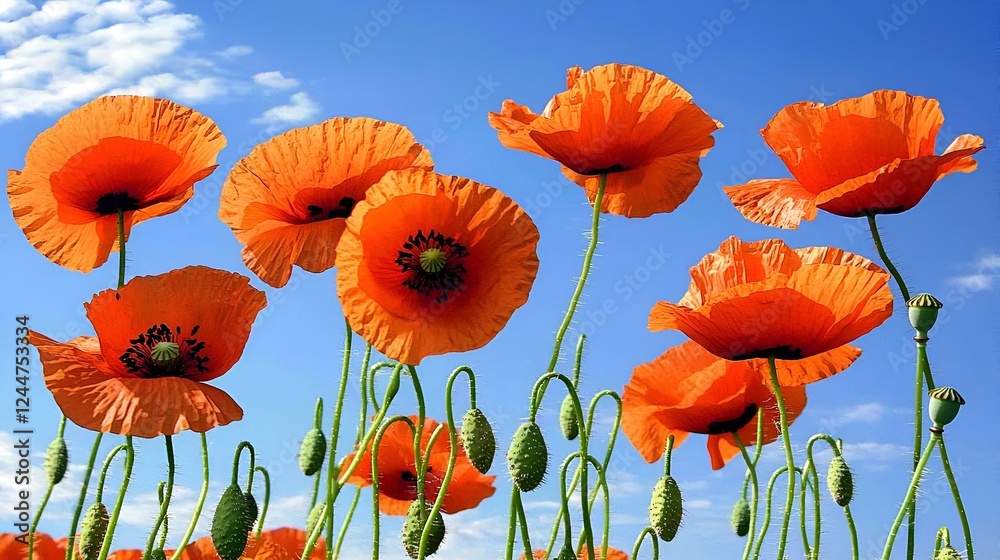 Fototapeta premium Orange poppies field, sunny day, blue sky, nature background, greeting card