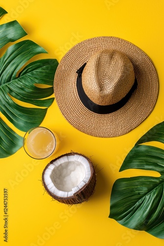 A tropical scene featuring a straw hat, coconut drink, and palm leaves on a vibrant yellow background.