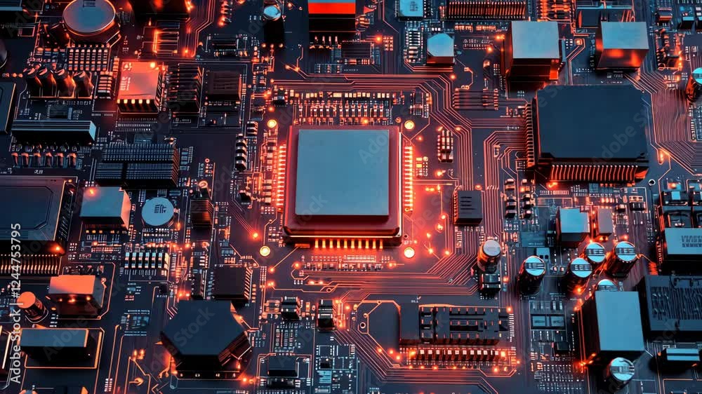 Hightech circuit board animation showcasing illuminated microchips and electronic components Hightech circuit board animation showcasing illuminated microchips and electronic components
