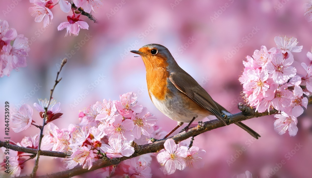 Delicate Pink Blossoms Illuminated by a Perching Robin Amidst Spring Blooms, Capturing the Essence of a Tranquil Forest Scene in Full Bloom Delicate Pink Blossoms Illuminated by a Perching Robin Amidst Spring Blooms, Capturing the Essence of a Tranquil Forest Scene in Full Bloom