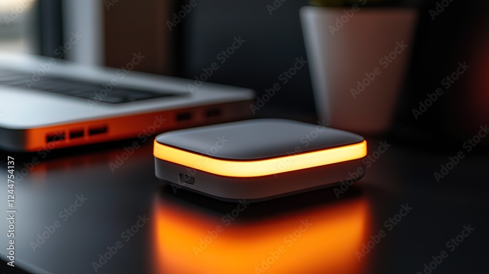 Illuminated compact device on desk near laptop. Illuminated compact device on desk near laptop.