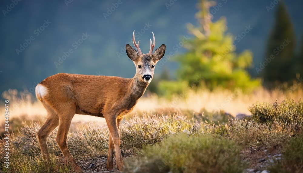 Majestic Roe Deer Buck Strolling in a Winter Woodland, Capturing Tranquil Serenity and Wild Beauty in a SnowCovered Forest. Majestic Roe Deer Buck Strolling in a Winter Woodland, Capturing Tranquil Serenity and Wild Beauty in a SnowCovered Forest.