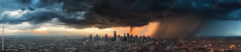 Fototapeta premium Stormy Cityscape: A dramatic, almost apocalyptic scene of a massive storm cloud unleashing torrential rain over a sprawling cityscape. The contrast between the dark.