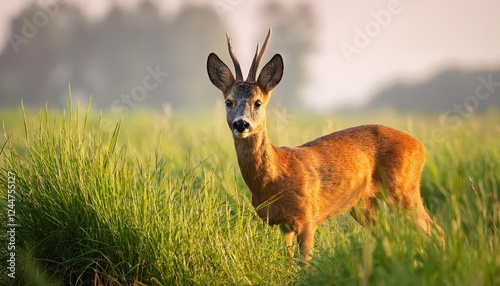 Striking Ro Deer Standing Against a Backdrop of Golden Grass Fields in a Serene Forest Mood, Captured Moment at Dusk.