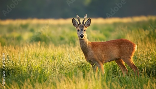 Striking Closeup of a Roebuck Amidst Golden Grasslands, Serene Majesty in the Dawn Light, Showcasing Natures Hidden Beauty and Tranquility. photo