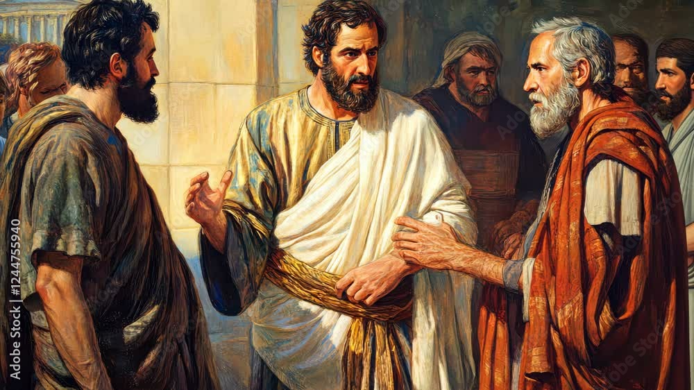 Historical debate among ancient scholars in classical setting