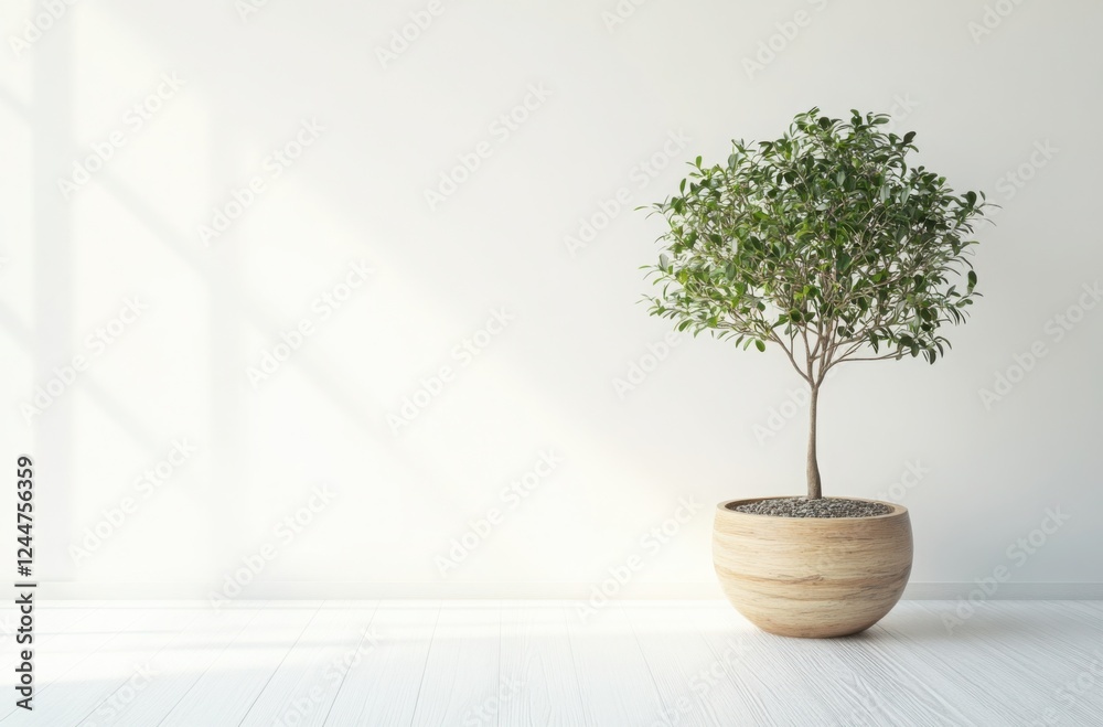 Olive Tree in Minimalist Interior: A small olive tree in a light wood bowl sits serenely in a minimalist room, bathed in soft sunlight streaming through a window. Olive Tree in Minimalist Interior: A small olive tree in a light wood bowl sits serenely in a minimalist room, bathed in soft sunlight streaming through a window.