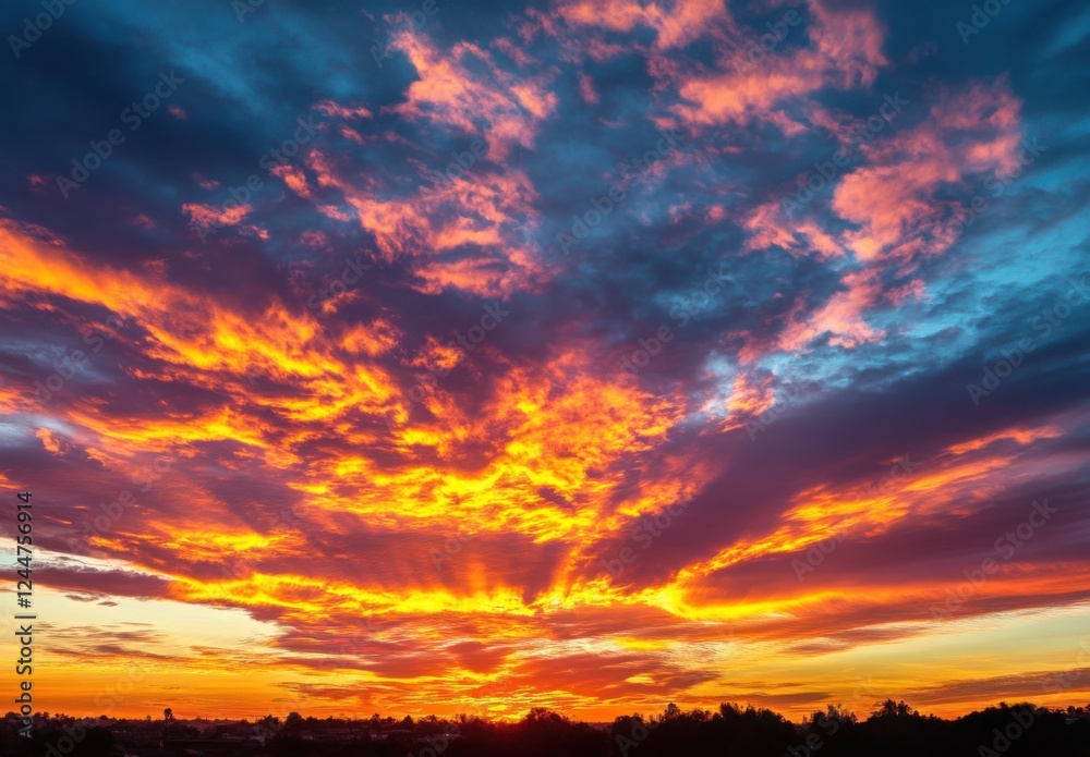 Fototapeta premium Fiery Sunset Sky: A breathtaking, vibrant sunset paints the sky with streaks of crimson, orange, yellow, and purple, creating a dramatic and ethereal display of nature's artistry. 