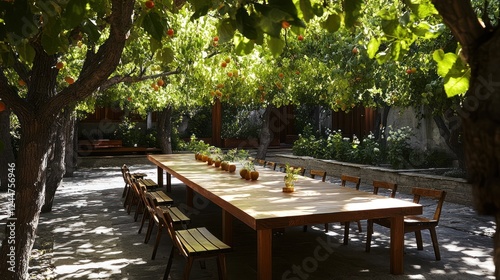 Serene Courtyard Dining Under Fruit Trees